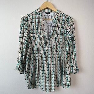 Cocomo Woman Blouse Womens 1X Green Tan Geometric Roll Tab Sleeve Excellent Top